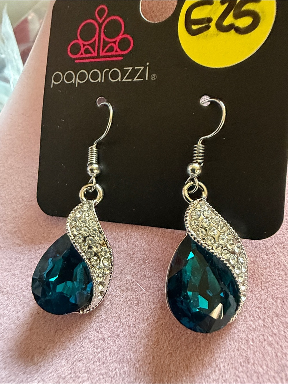 paparazzi Teardrop Blue & clear gems Dangle Earrings, 1” Drop, (J0295)